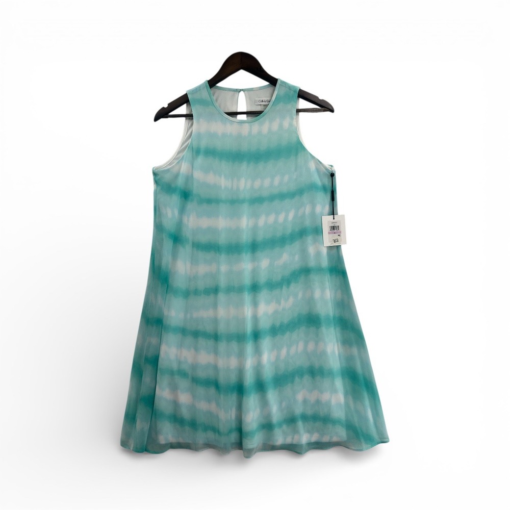 Calvin Klein Women Dress Tie Dye Aqua White Sleeveless A Line Size 6